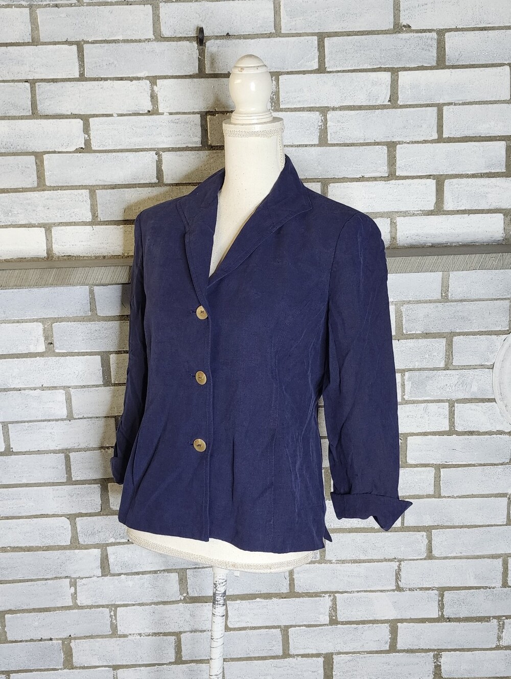• Jones New York Women's 3/4 Sleeve Button Up Jacket Sz 6 Blue Silk Linen Blend